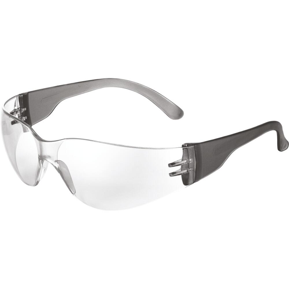 Durchsichtige Schutzbrille mit grauen Bügeln.