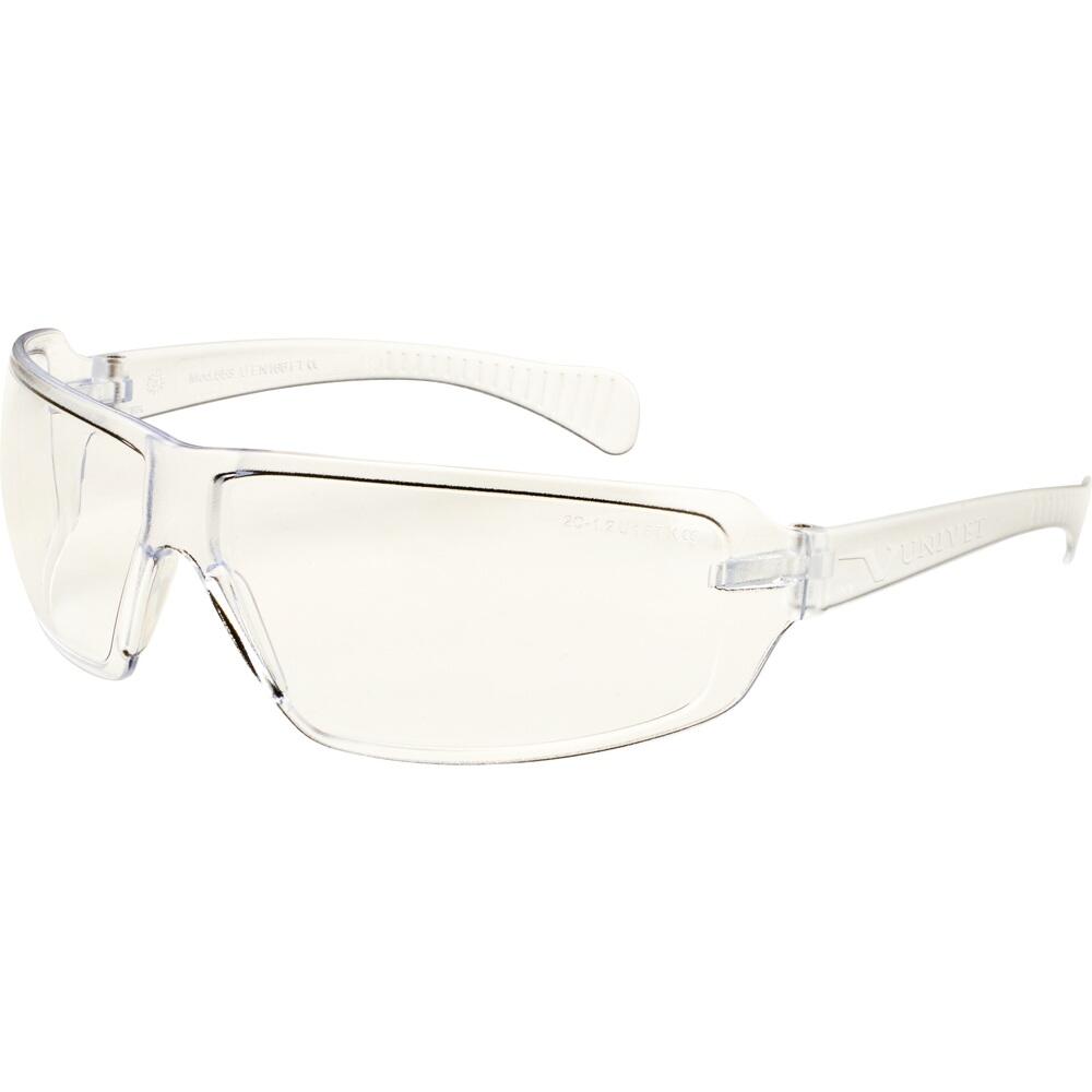 Durchsichtige Schutzbrille mit klaren Gläsern und geraden Bügeln.