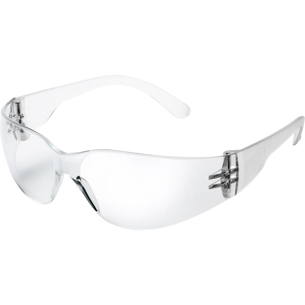 Eine klare Schutzbrille mit durchsichtigem Rahmen und gebogenen Bügeln.