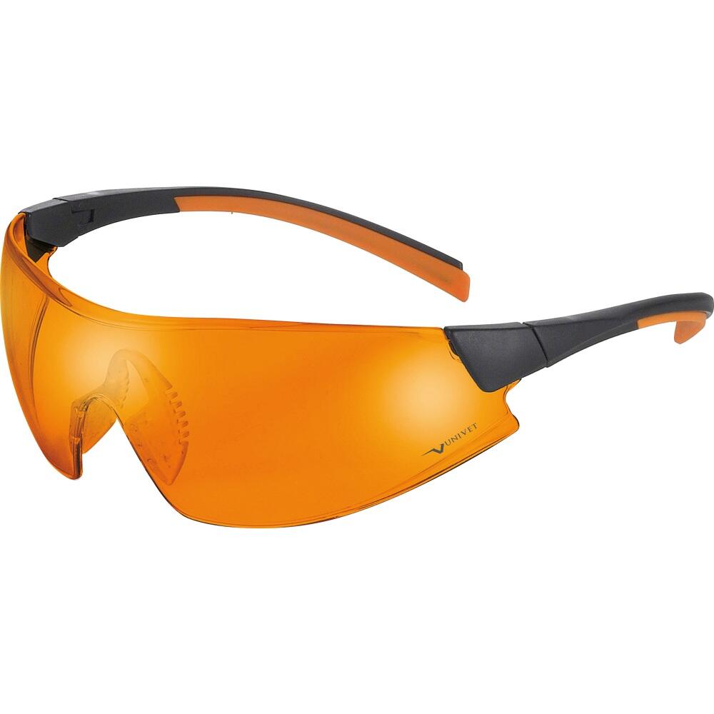 Orange Schutzbrille mit schwarzem Rahmen.