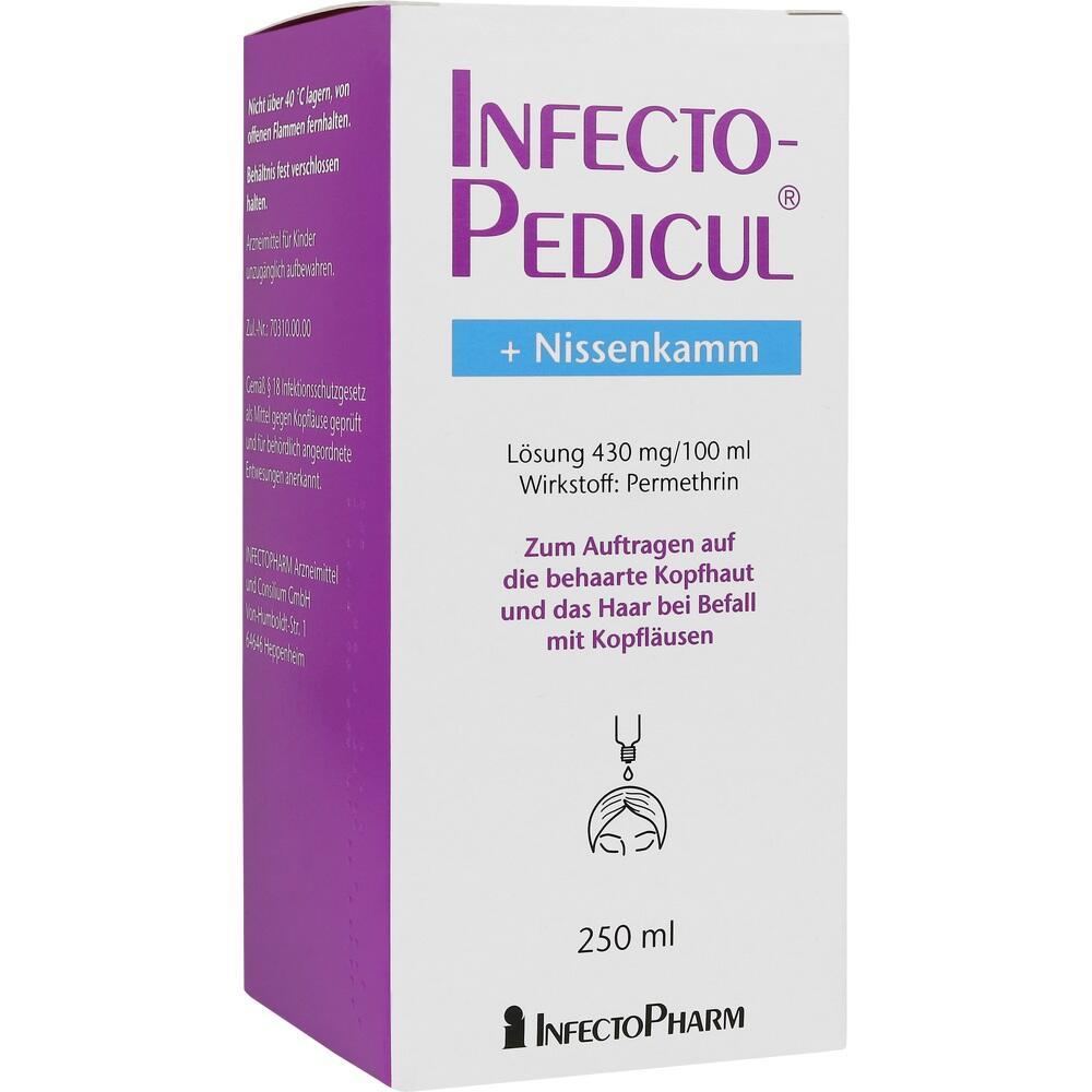 Weiße und violette Verpackung von einem Mittel gegen Kopfläuse mit Kamm.