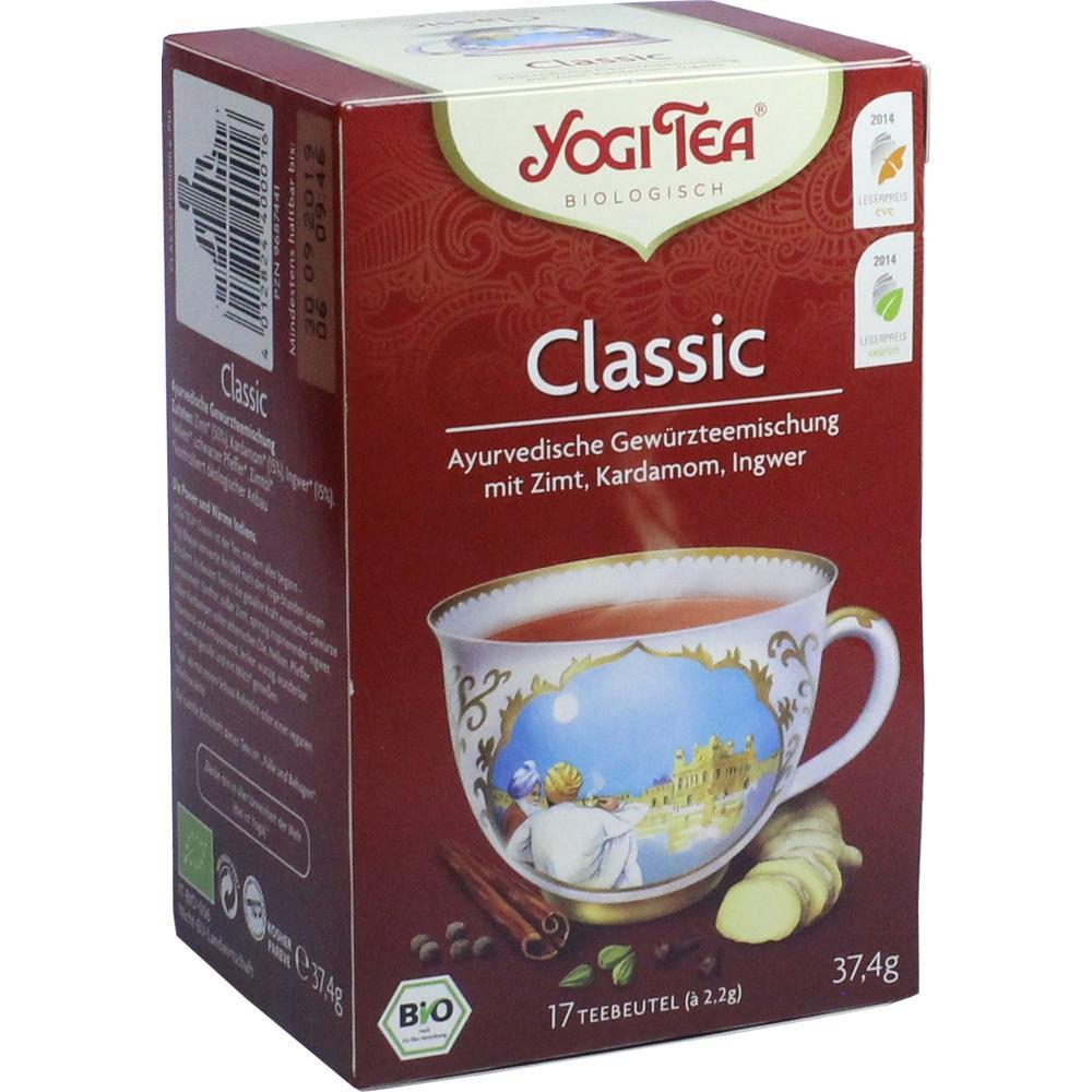 Rote Packung Yogi Tea Classic mit Tasse und Gewürzen abgebildet.