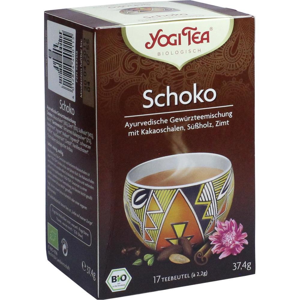 Packung Yogi Tea Schoko mit Teetasse und Gewürzen auf der Vorderseite.