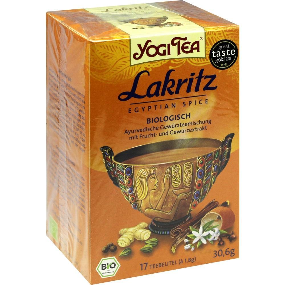 Eine Packung Yogi Tea Lakritz mit ägyptischem Design und Bio-Siegel.