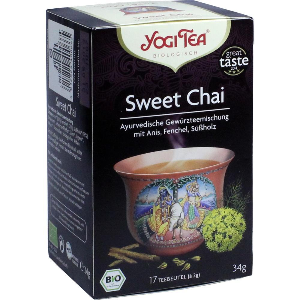 Schwarze Teepackung mit der Aufschrift "Yogi Tea Sweet Chai".