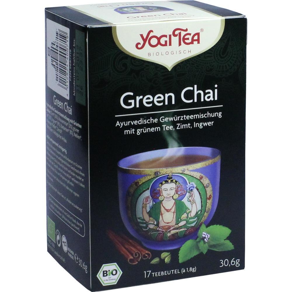 Schwarze Teepackung mit der Aufschrift "Green Chai" und Bild einer Teetasse.