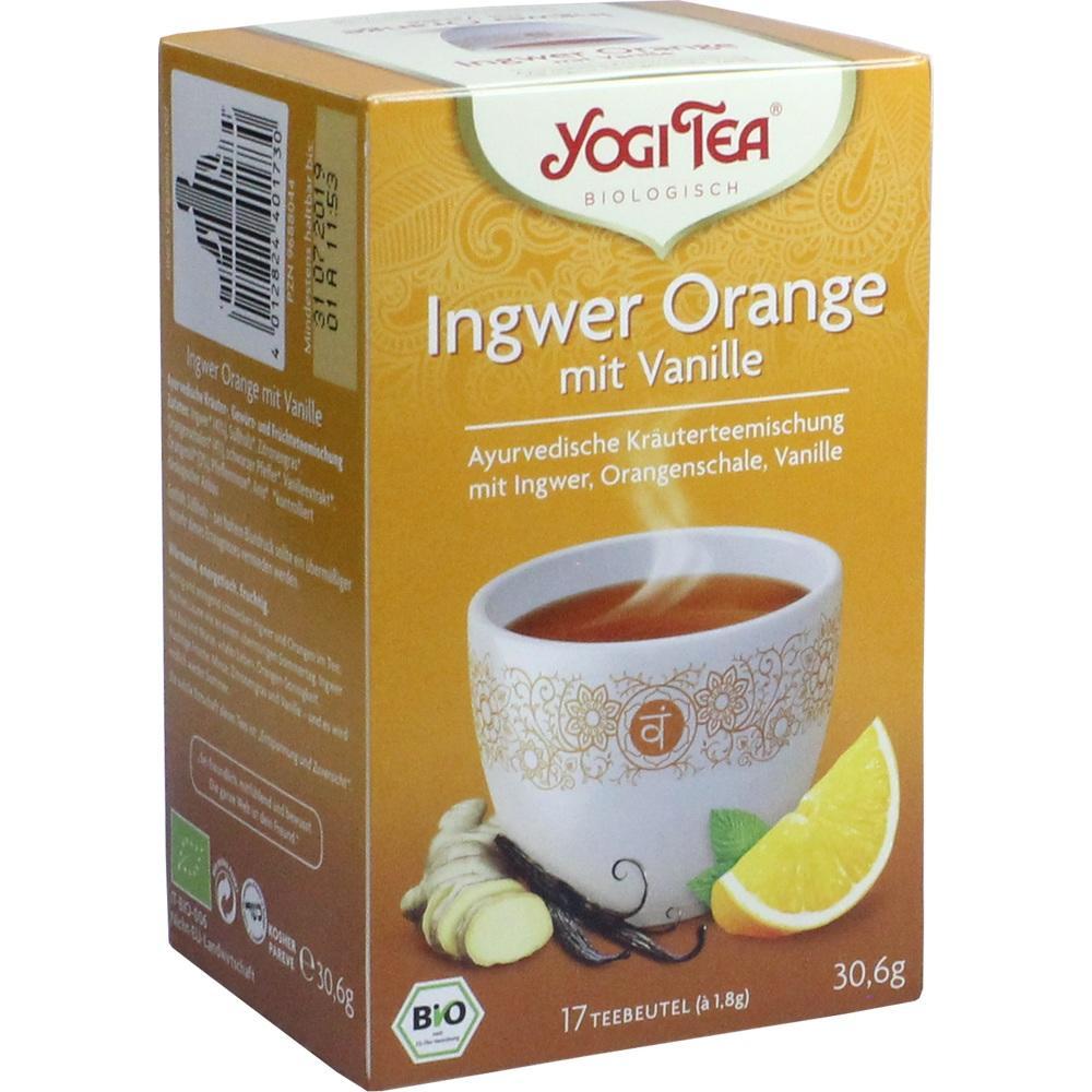 Eine Packung Yogi Tee mit Ingwer, Orange und Vanille, 17 Beutel.