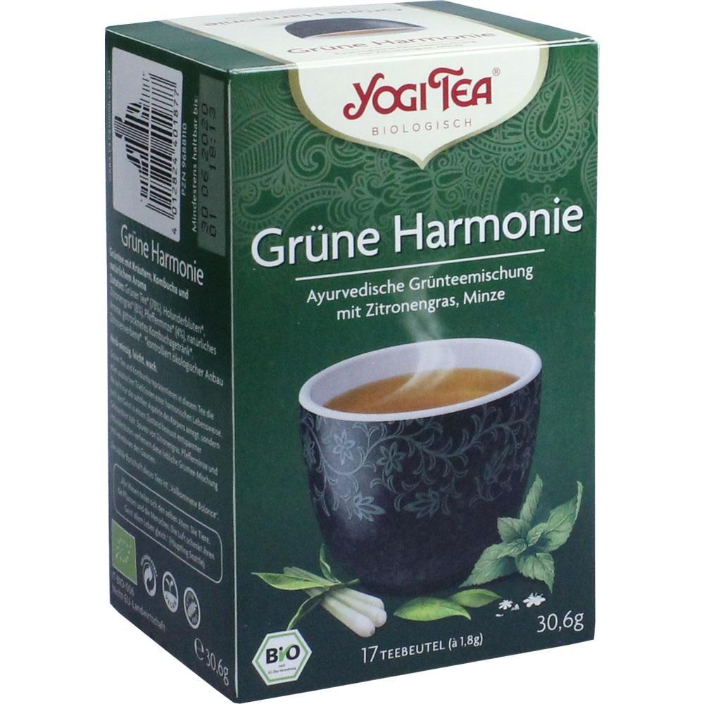Grüne Teeschachtel mit einer Teetasse und Zitronengras auf der Vorderseite.