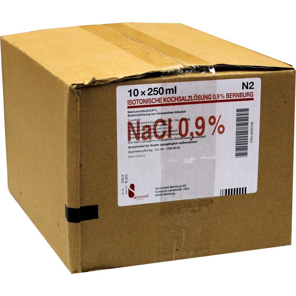 Ein brauner Karton mit einem Etikett für isotone Kochsalzlösung 0,9% NaCl.