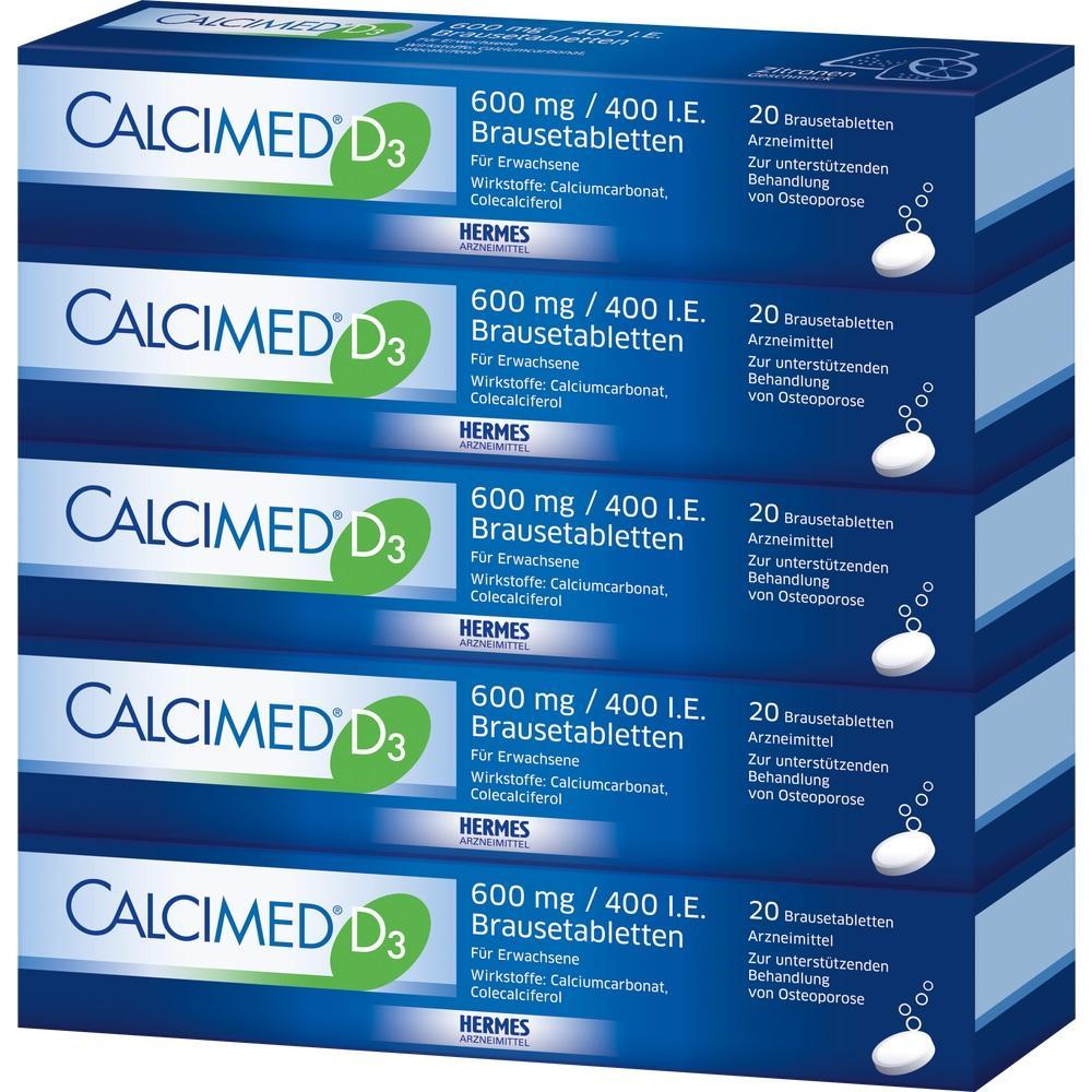 F&uuml;nf Stapel Calcimed D3 Brausetabletten-Packungen in blau.