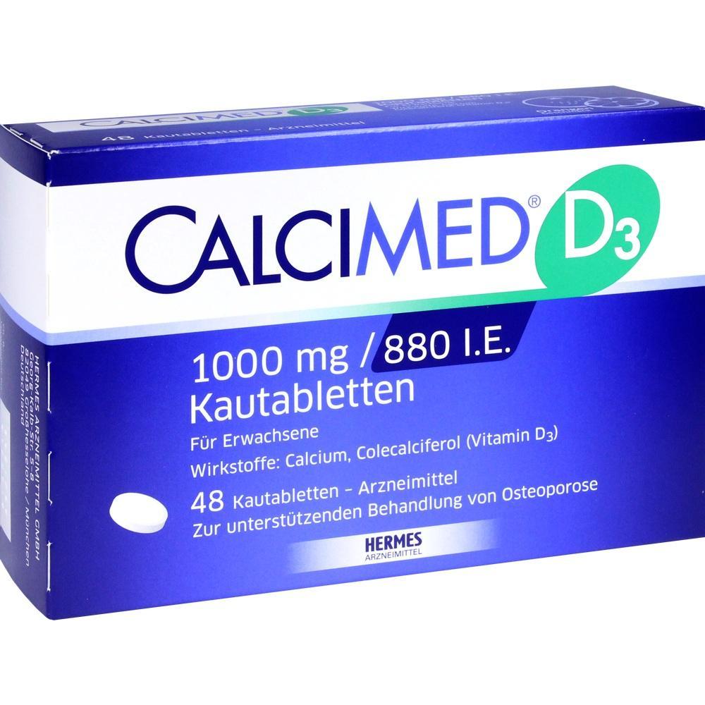 Eine blaue Packung mit CalciMed D3, 48 Kautabletten f&uuml;r Erwachsene.
