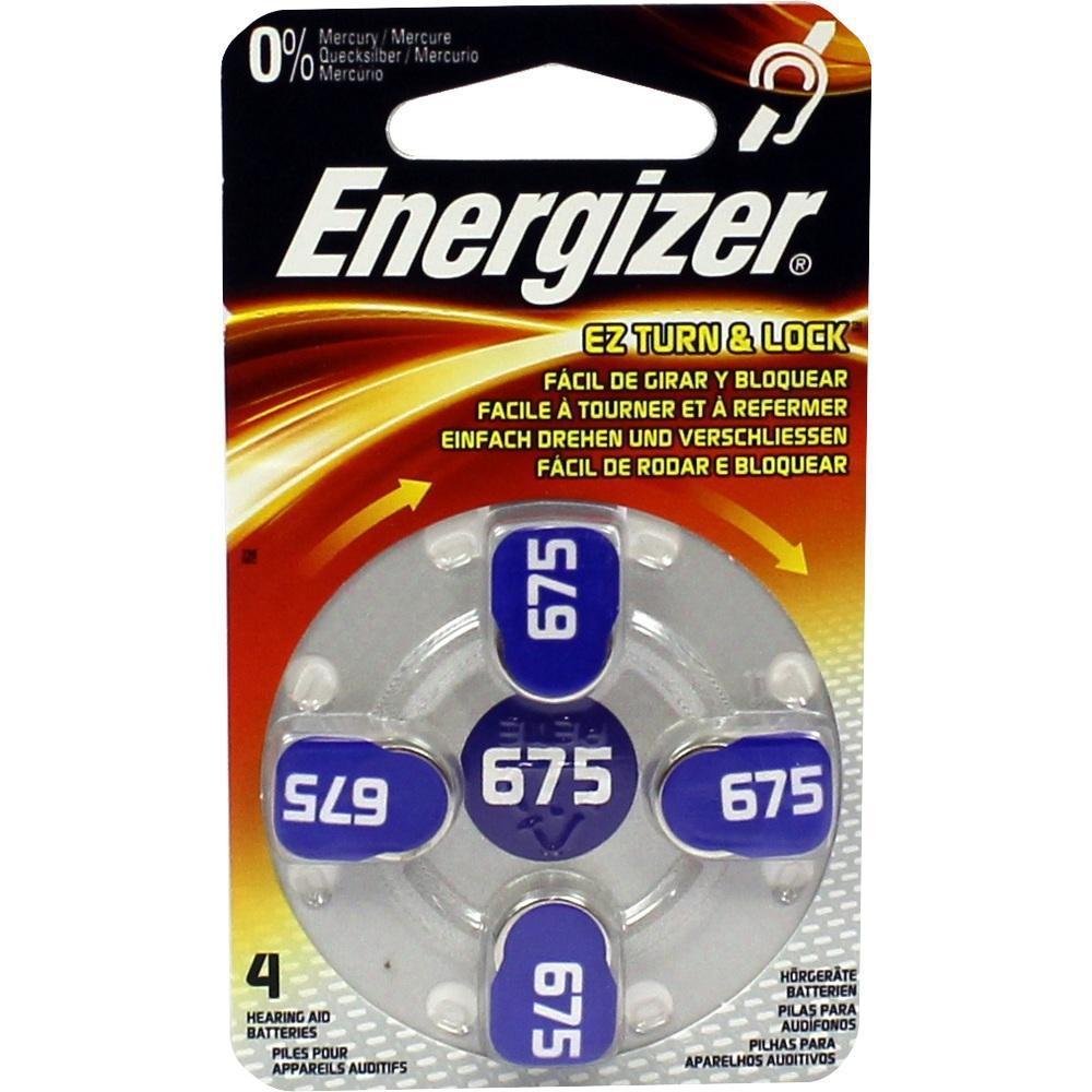 Verpackung von Hörgerätebatterien der Marke Energizer, Modell 675.