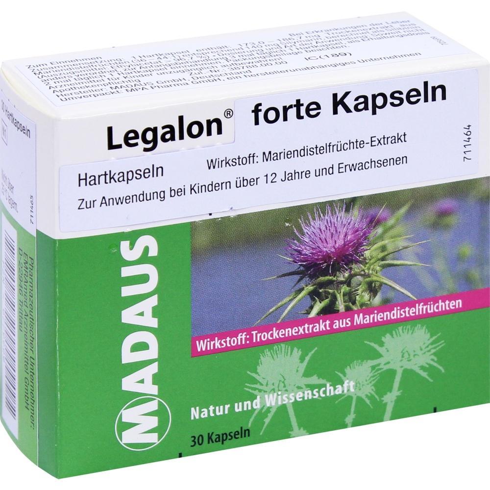 Packung von Legalon forte Kapseln mit Mariendistel-Extrakt und lila Blume.