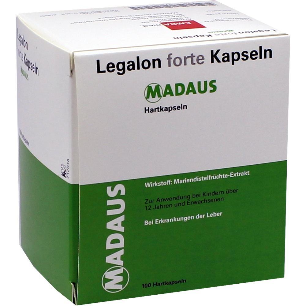 Eine wei&szlig;e und gr&uuml;ne Verpackung von Legalon forte Kapseln f&uuml;r die Leber.