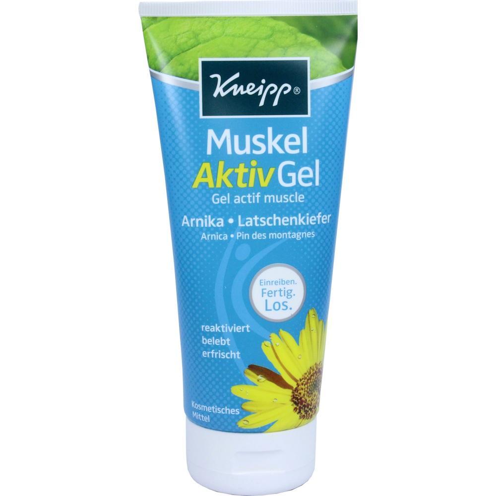 Eine Tube Muskel Aktiv Gel mit Arnika und Latschenkiefer auf blauem Hintergrund.