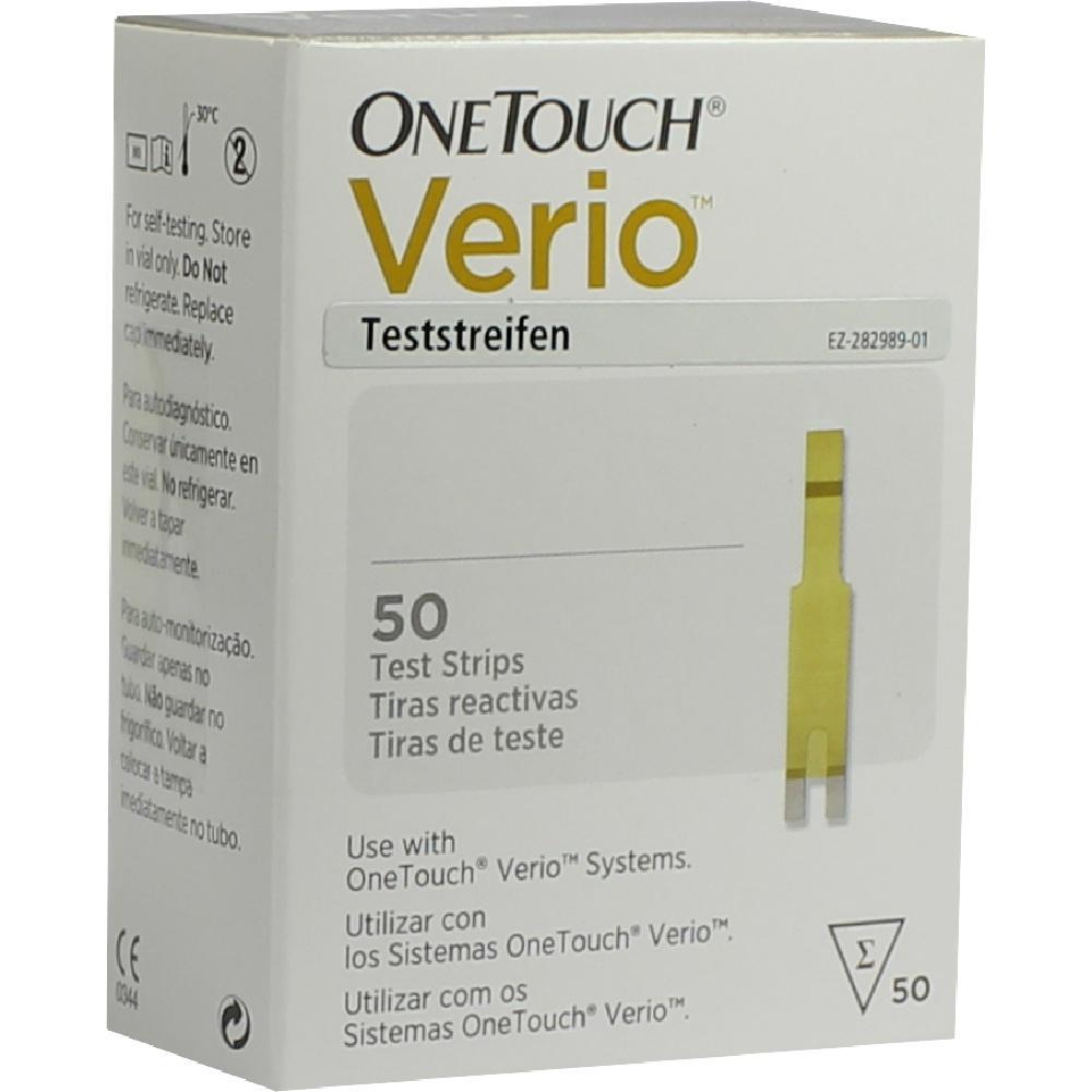 Wei&szlig;e Packung mit 50 OneTouch Verio Teststreifen zur Blutzuckermessung.