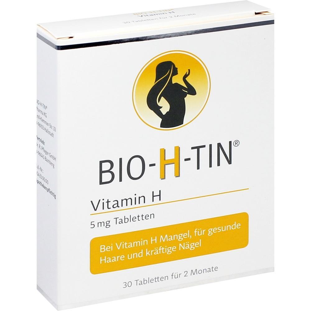 Eine Packung BIO-H-TIN Vitamin H Tabletten für Haare und Nägel.