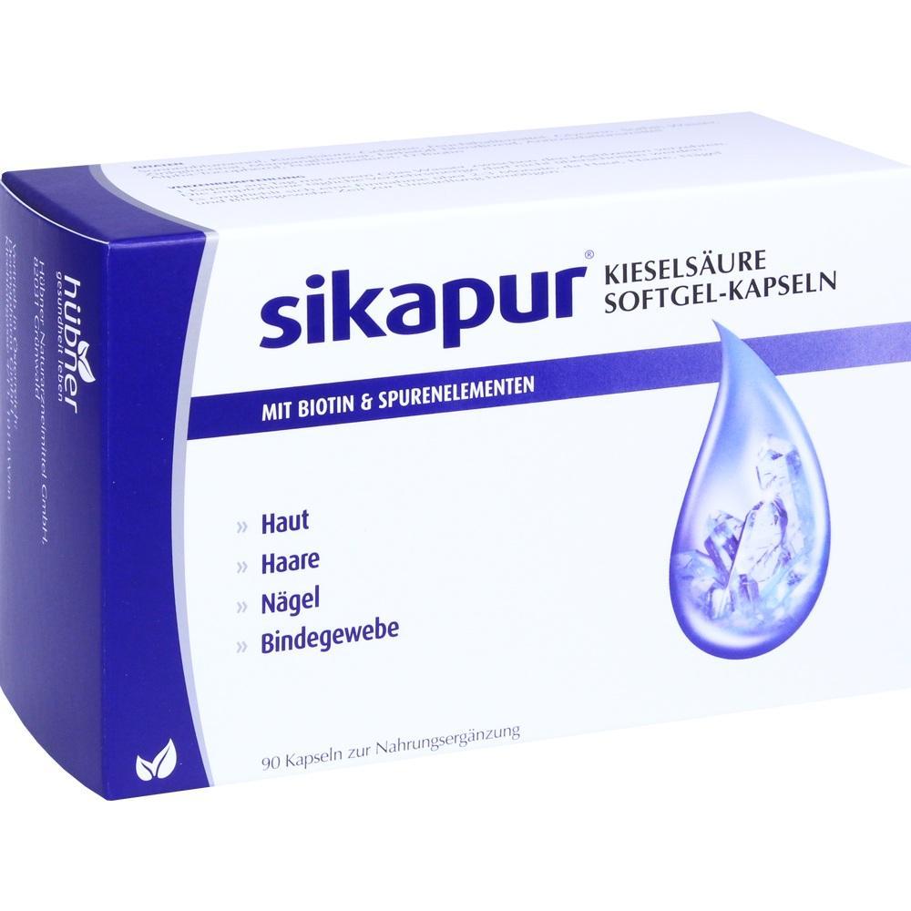 Eine Packung Sikapur Kieselsäure Softgel-Kapseln zur Nahrungsergänzung.