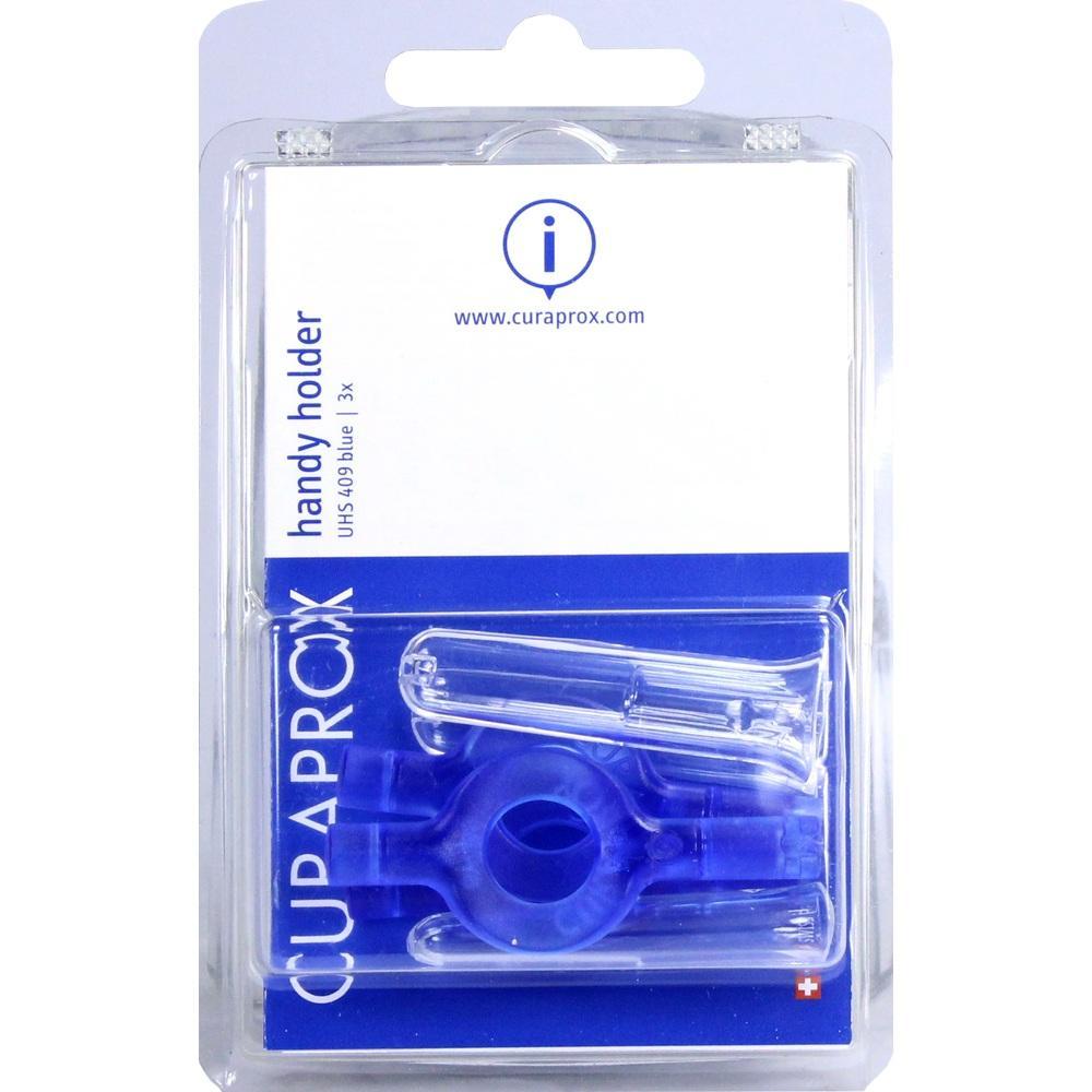 Blisterverpackung mit blauem Halter für Zahnzwischenraumbürsten von Curaprox.