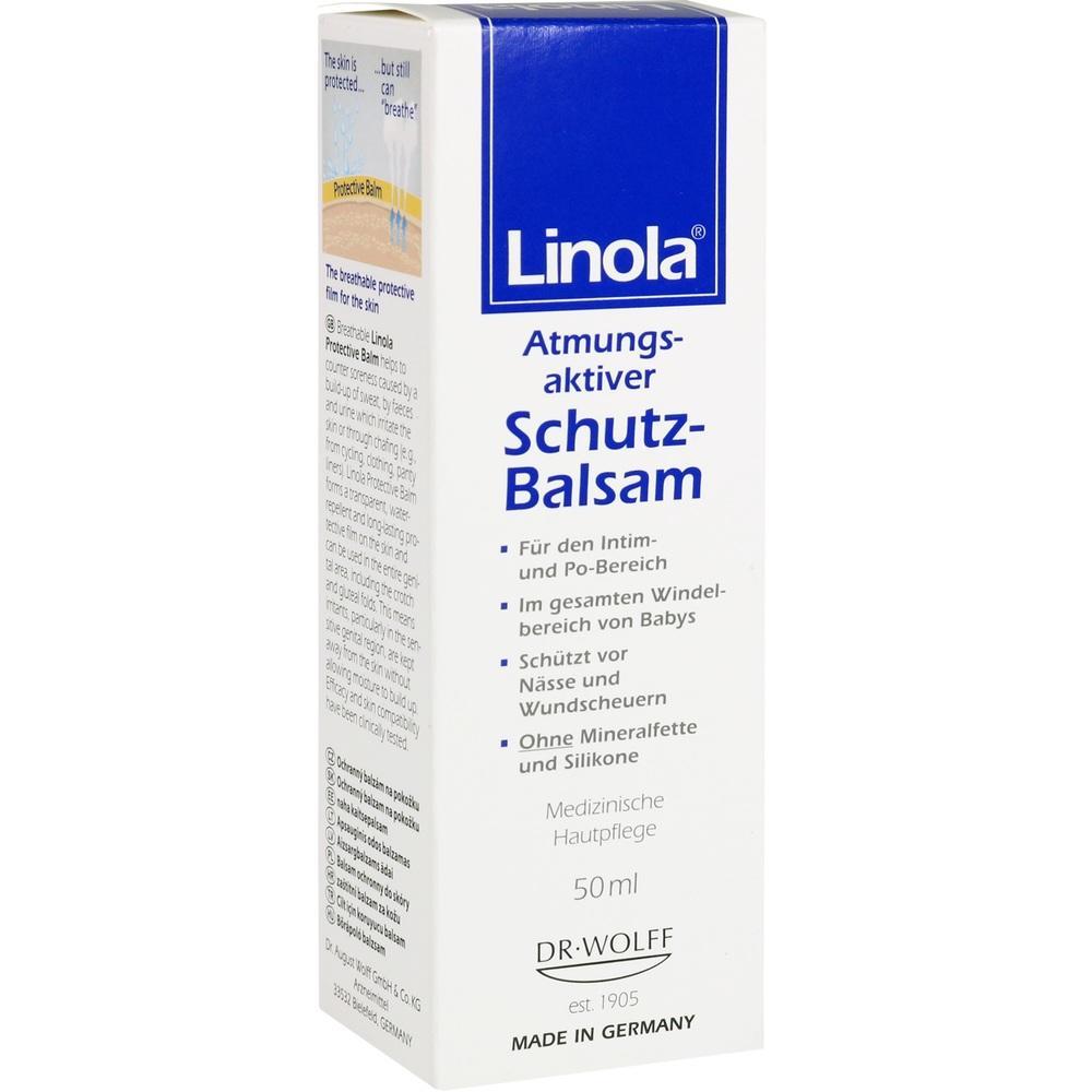 Weiße Verpackung einer Linola Schutz-Balsam Creme für Hautpflege.