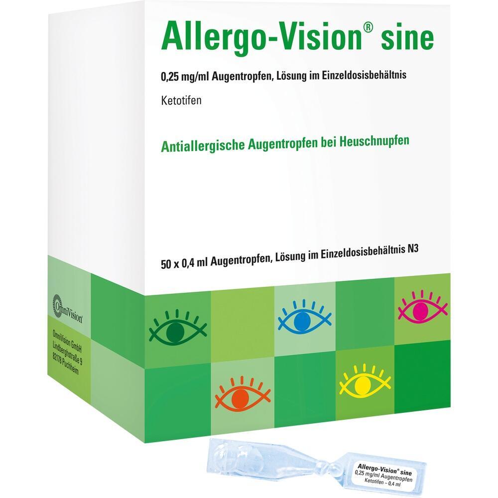 Weiße Verpackung von Allergie-Augentropfen mit bunter Augen-Grafik.