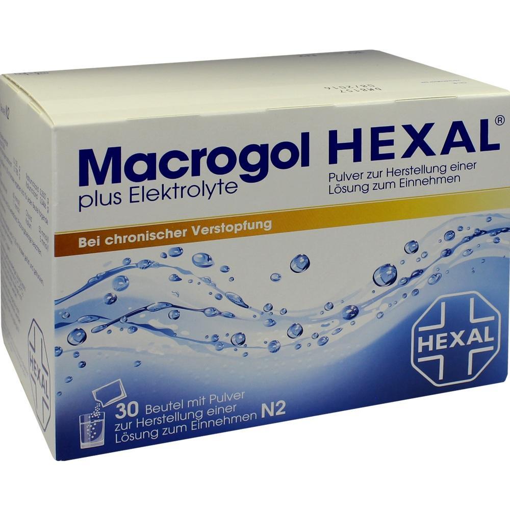 Große Packung mit Macrogol HEXAL Pulver für chronische Verstopfung.