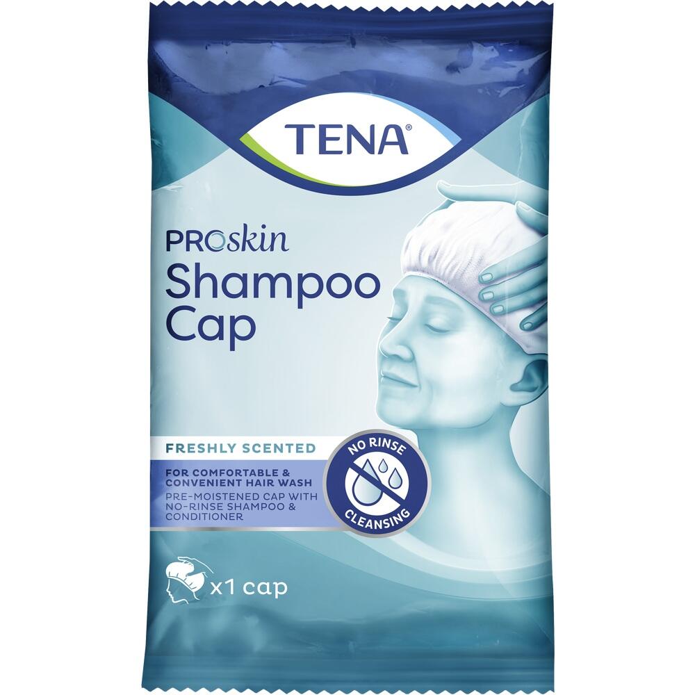 Eine Verpackung für eine Einweg-Shampoohaube von Tena.