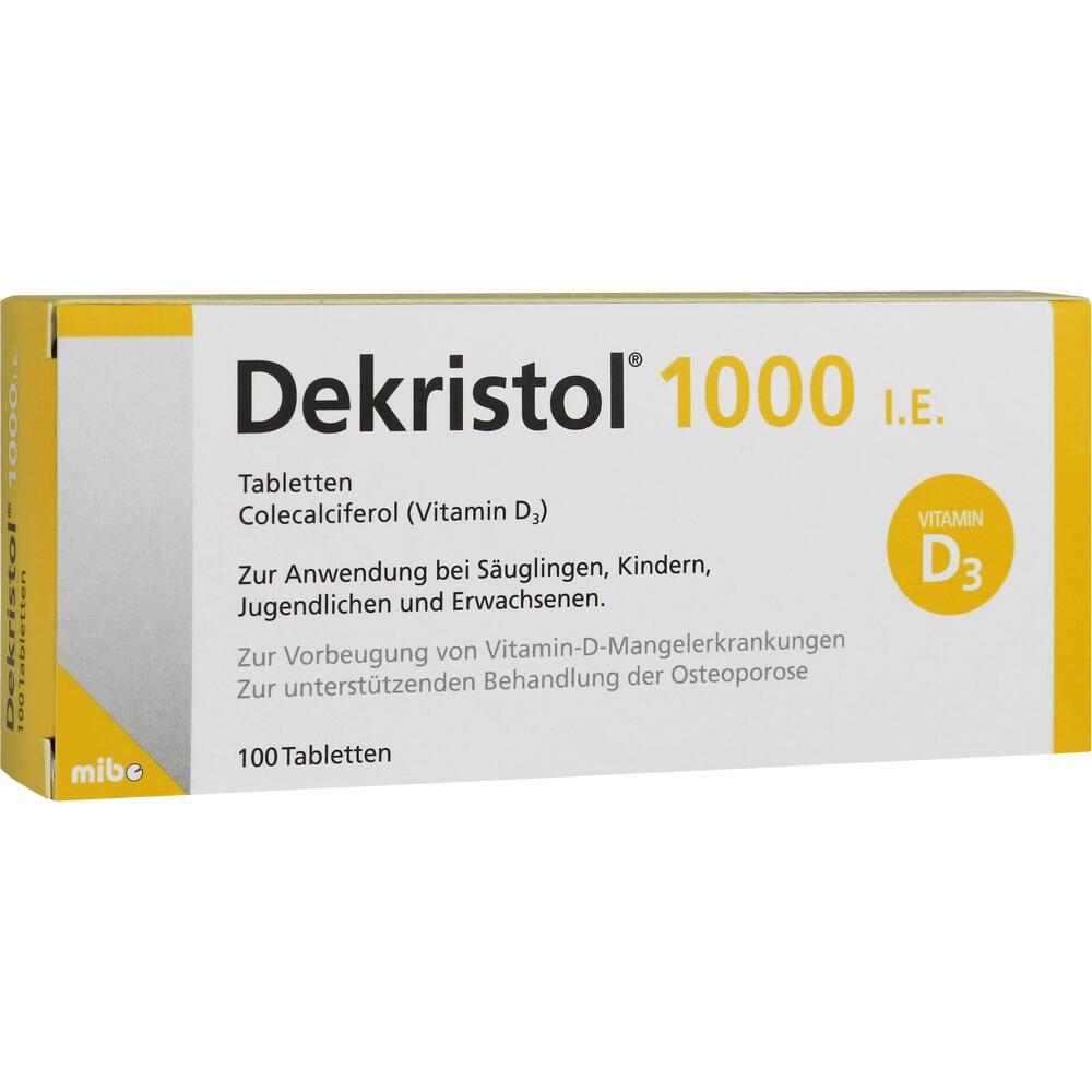 Gelbe Packung mit Tabletten Dekristol 1000 I.E., die Vitamin D3 enthalten.