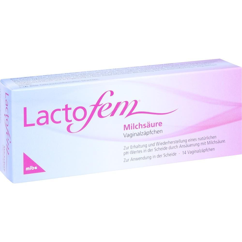 Eine rosafarbene Packung mit Vaginalz&auml;pfchen namens Lactofem.