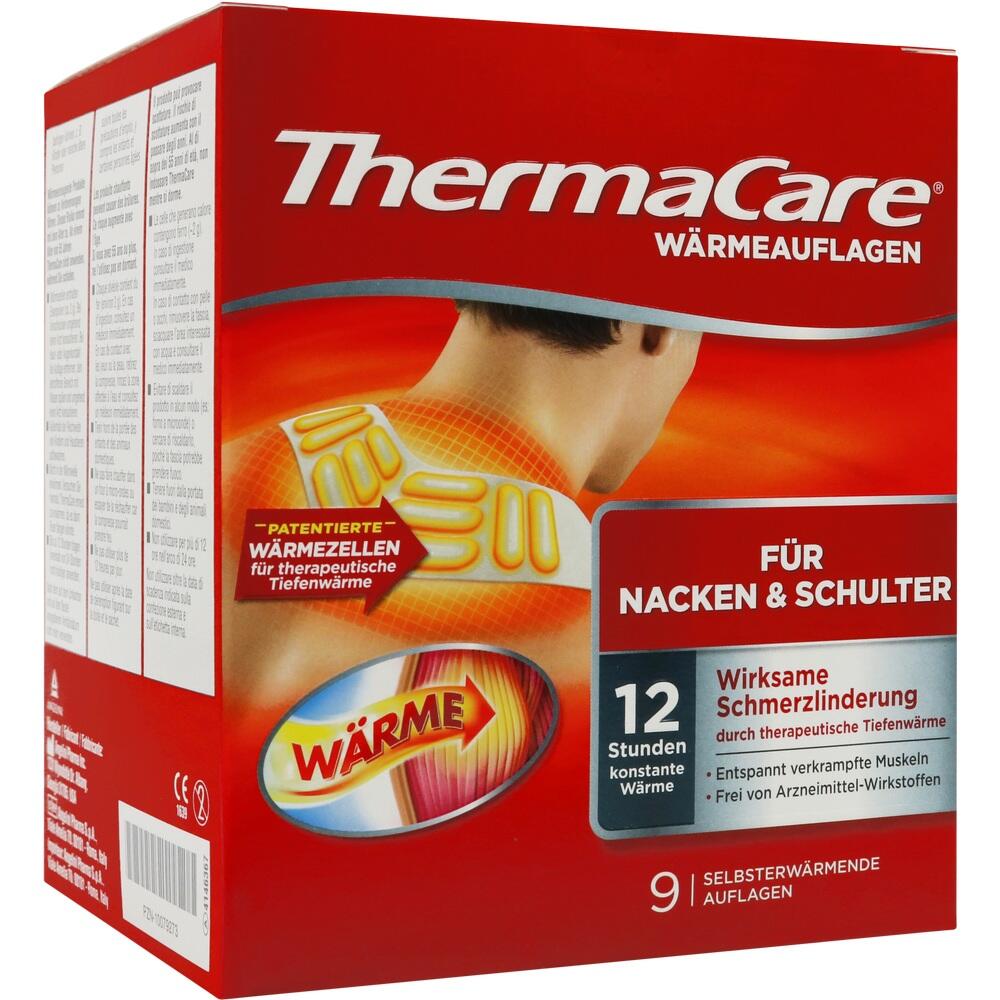 Rote Verpackung von ThermaCare Wärmeauflagen für Nacken und Schultern.