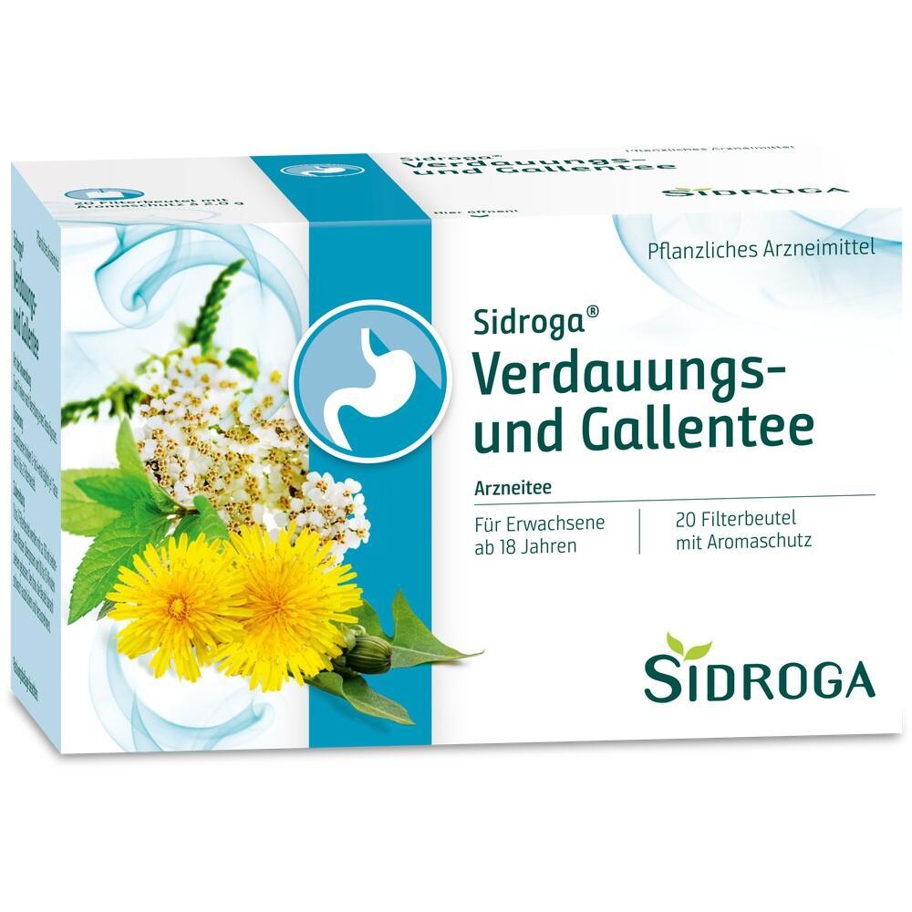 Eine Teepackung für Verdauungs- und Gallentee von Sidroga mit 20 Teebeuteln.