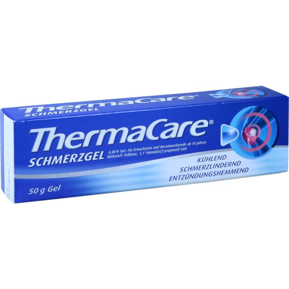 Blaue Verpackung von ThermaCare-Schmerzgel mit kühlender Wirkung.