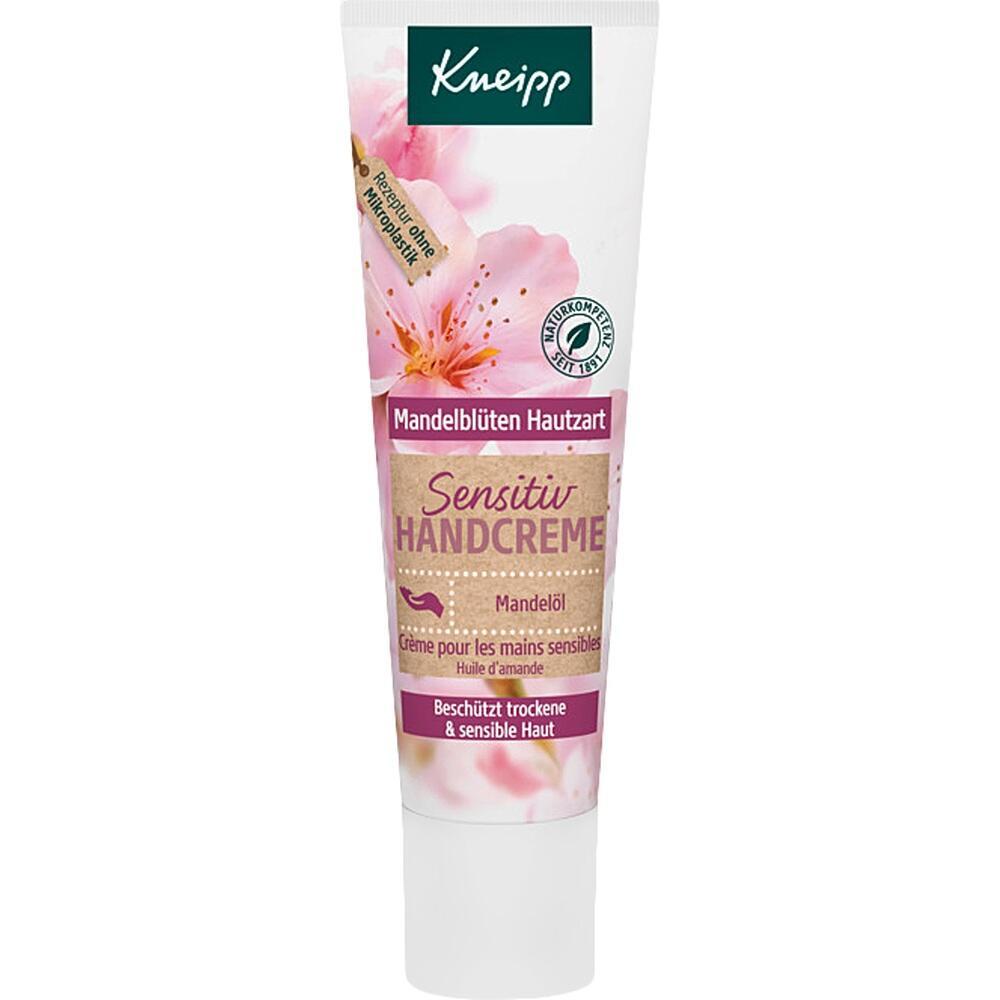 Eine rosa Tube mit Mandelblüten-Handcreme für sensible Haut.