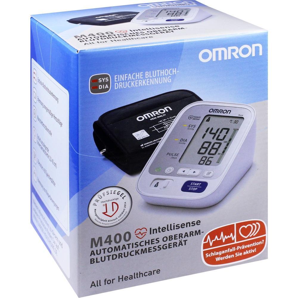 Eine Box mit einem automatischen Blutdruckmessgerät von Omron ist abgebildet.