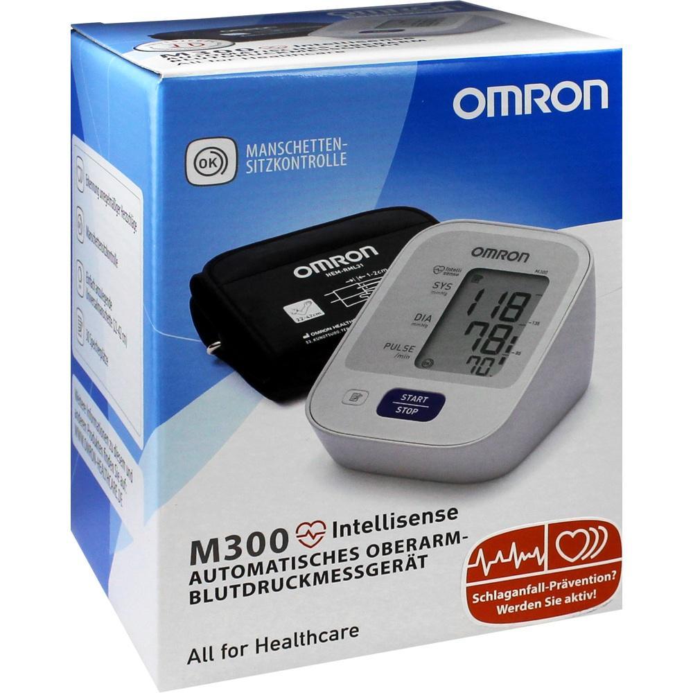 Eine Verpackung zeigt ein automatisches Blutdruckmessgerät von Omron.