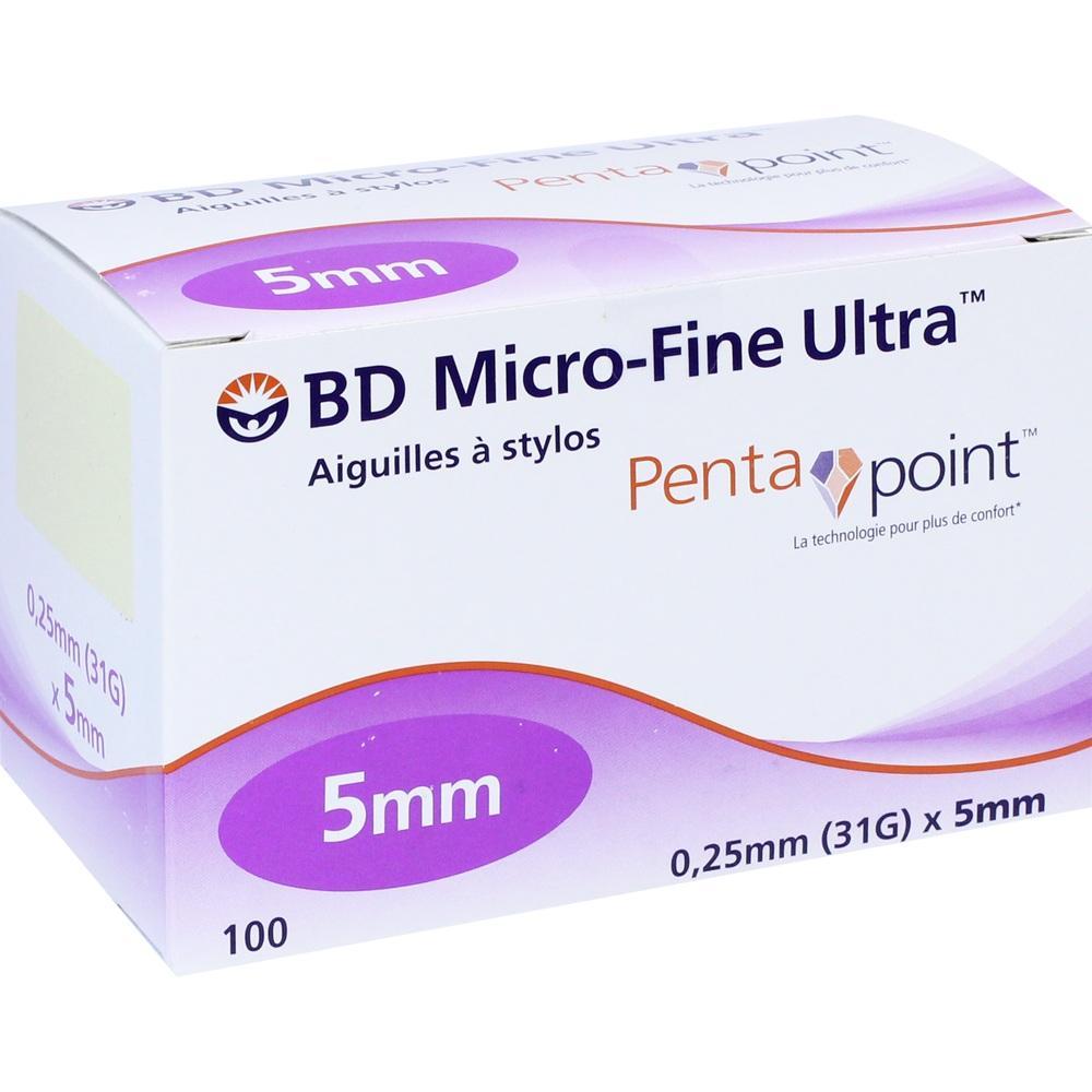 Wei&szlig;e Schachtel mit Aufschrift "BD Micro-Fine Ultra" und "5mm" in lila Oval.
