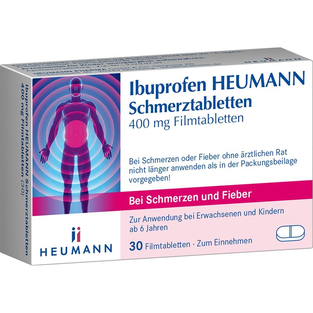 Verpackung von Ibuprofen-Tabletten gegen Schmerzen und Fieber, 30 St&uuml;ck.