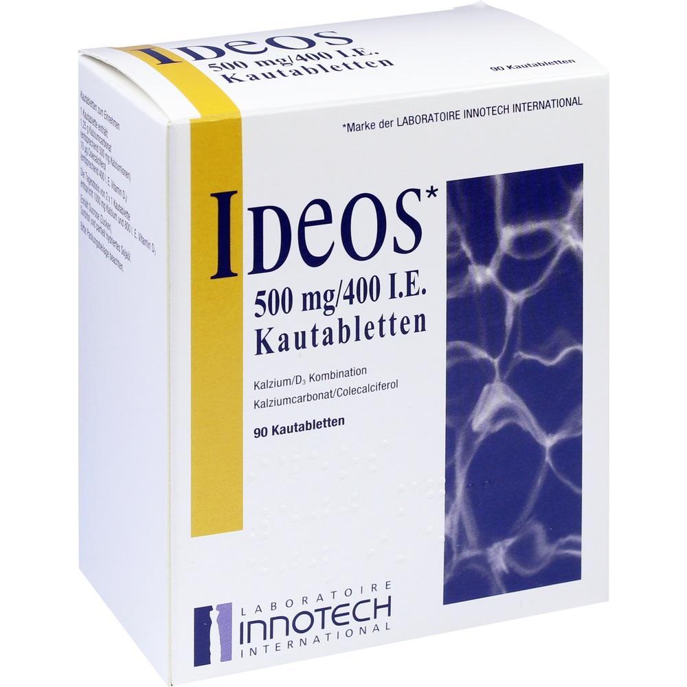 Wei&szlig;e Packung mit der Aufschrift "IDEOS 500 mg/400 I.E. Kautabletten".