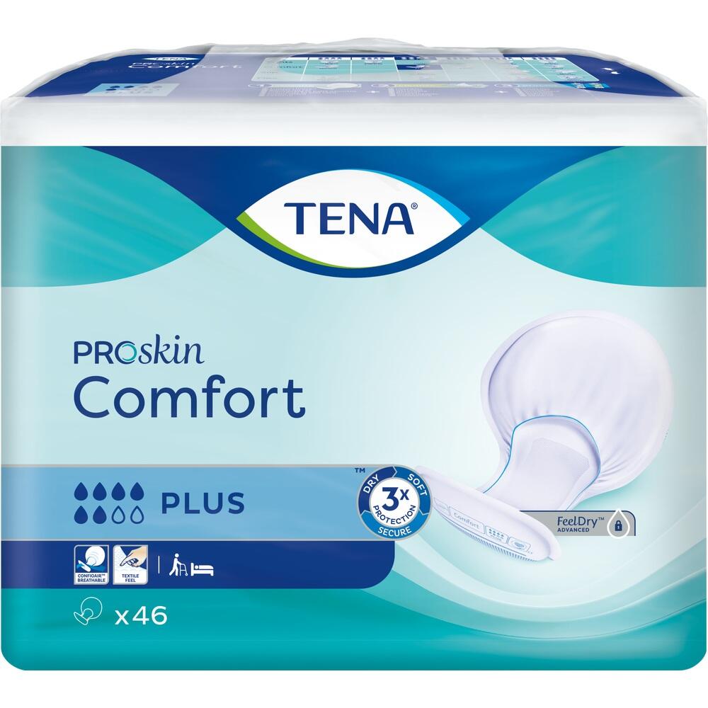 Eine blaue Packung TENA Comfort Inkontinenzeinlagen mit 46 Stück.