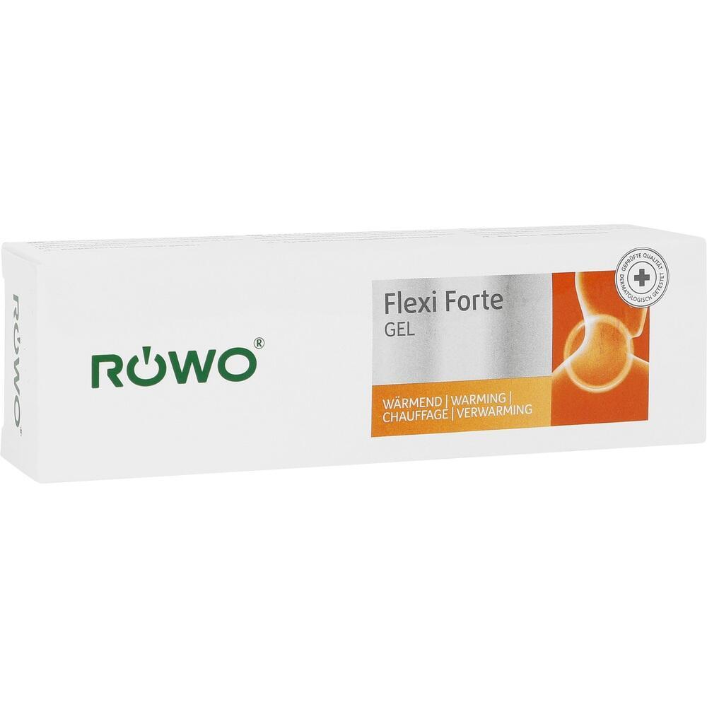 Eine weiße Box mit der Aufschrift "Flexi Forte Gel" und einem orangefarbenen Design.