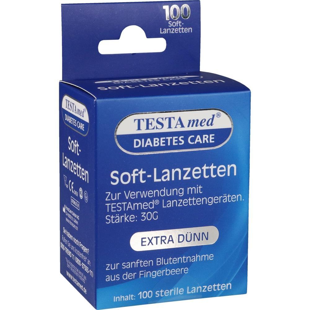 Blaue Packung mit 100 sterilen Soft-Lanzetten für Blutzuckermessung.
