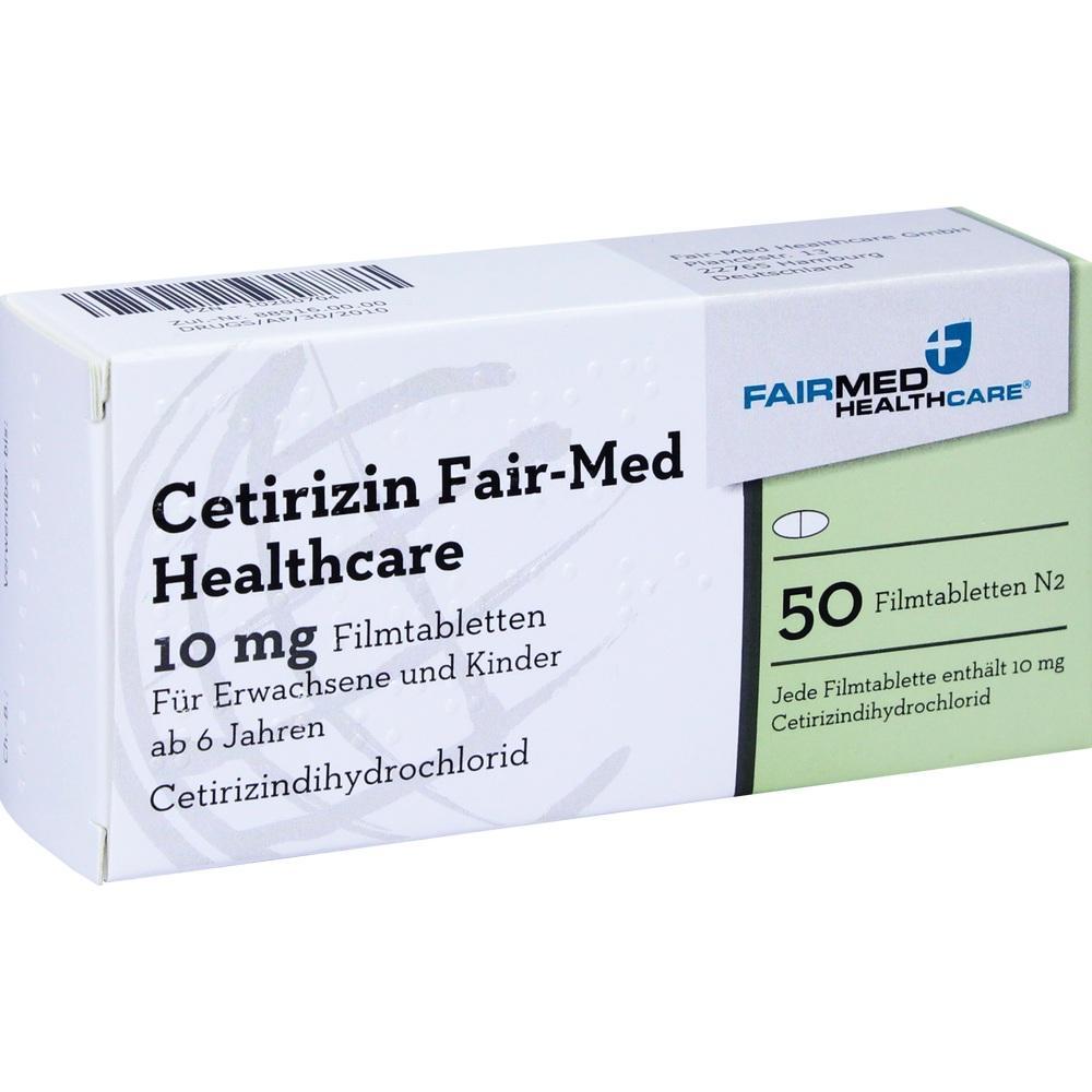 Verpackung einer Cetirizin-Medizin mit 10 mg Tabletten.