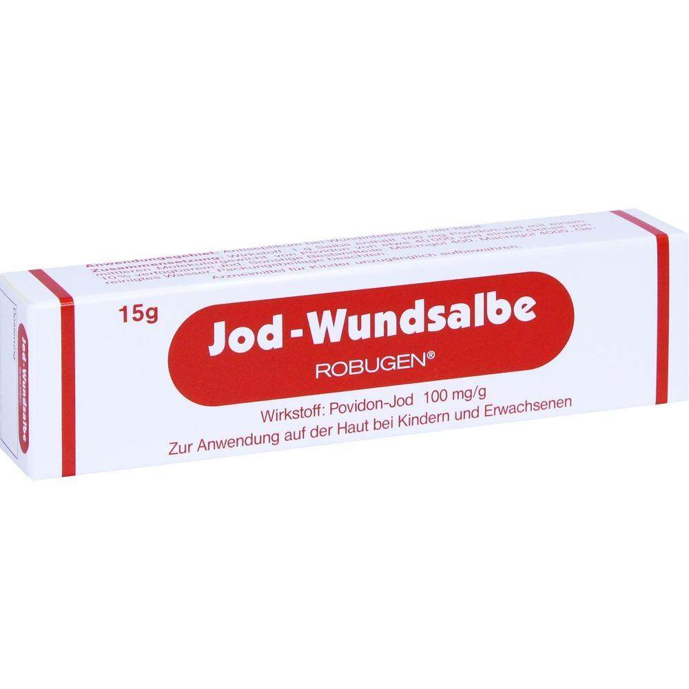 Weiße Schachtel mit der Aufschrift "Jod-Wundsalbe" in Rot.