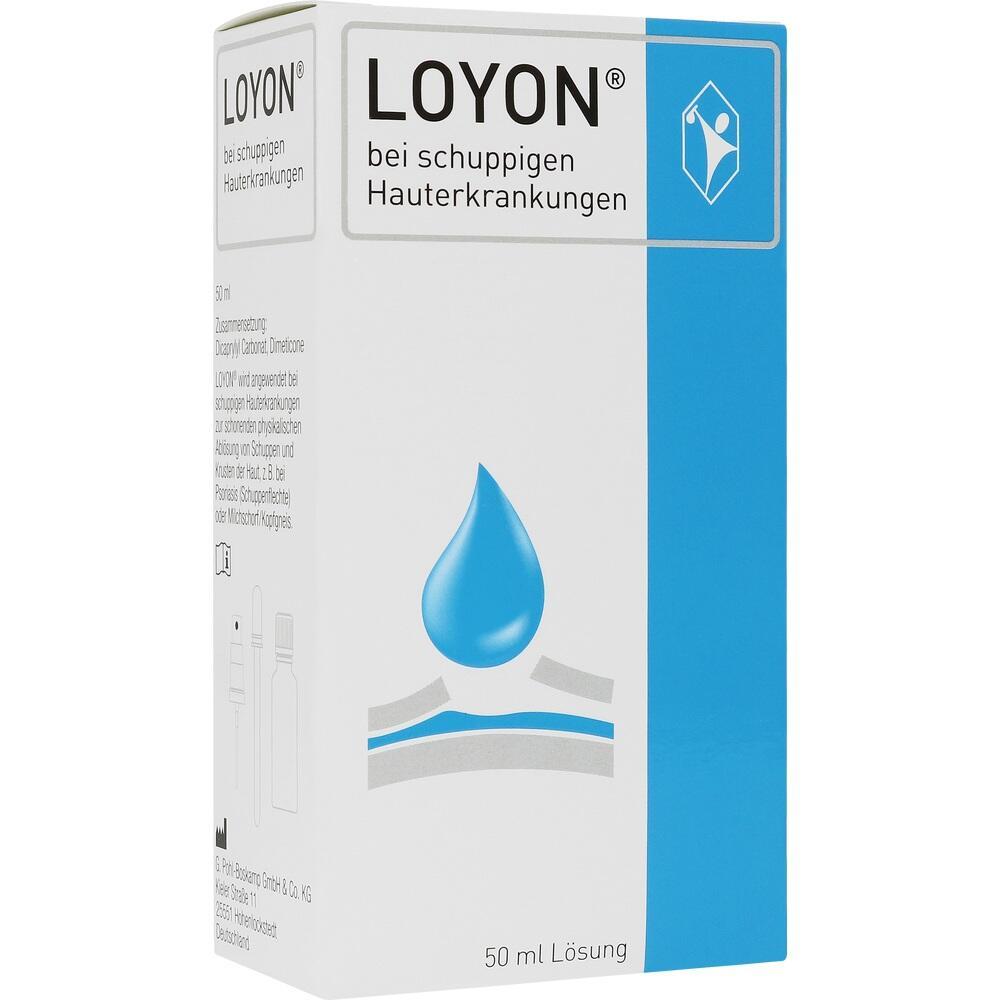 Wei&szlig;e Verpackung mit blauem Tropfen und der Aufschrift "LOXON" gegen schuppige Haut.