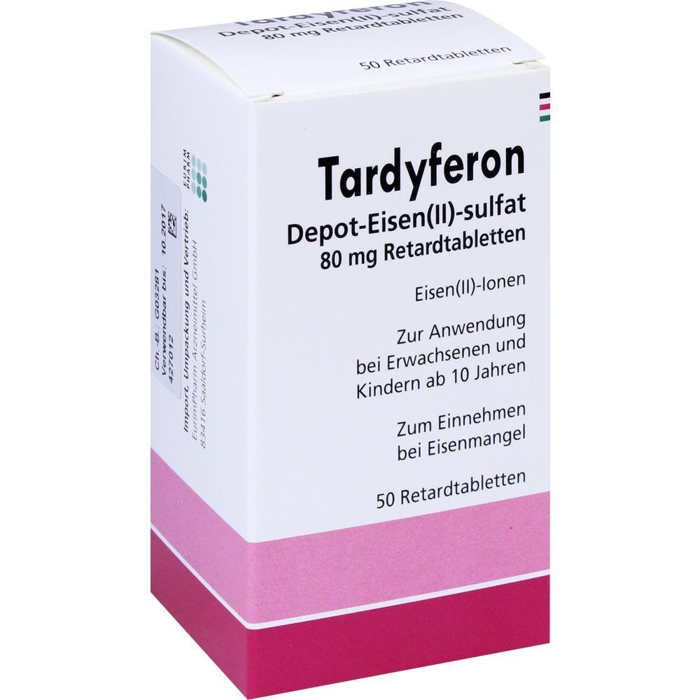 Schachtel mit Eisen-Tabletten zur Behandlung von Eisenmangel bei Menschen ab 10 Jahren.