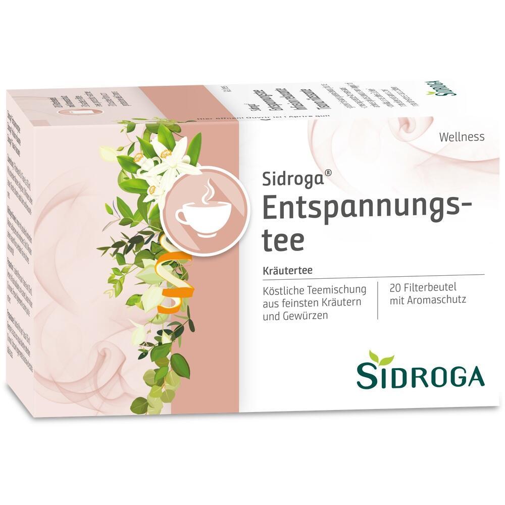 Eine Packung "Sidroga Entspannungstee" mit Kräutern und 20 Teebeuteln ist abgebildet.