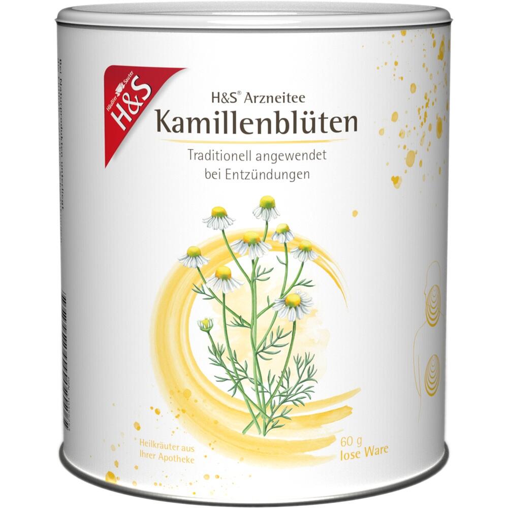 Gelbe Teedose mit Kamillenblüten und der Aufschrift "entzündungshemmend".