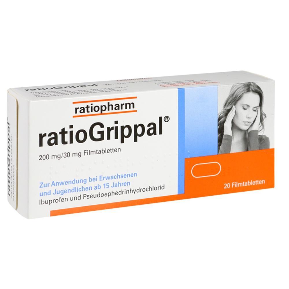 Packung von RatioGrippal-Filmtabletten gegen Erkältungssymptome für Erwachsene und Jugendliche.