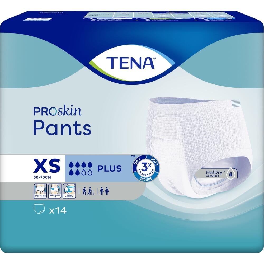 Verpackung von TENA ProSkin Pants in Größe XS, für besseren Schutz und Trockenheit.