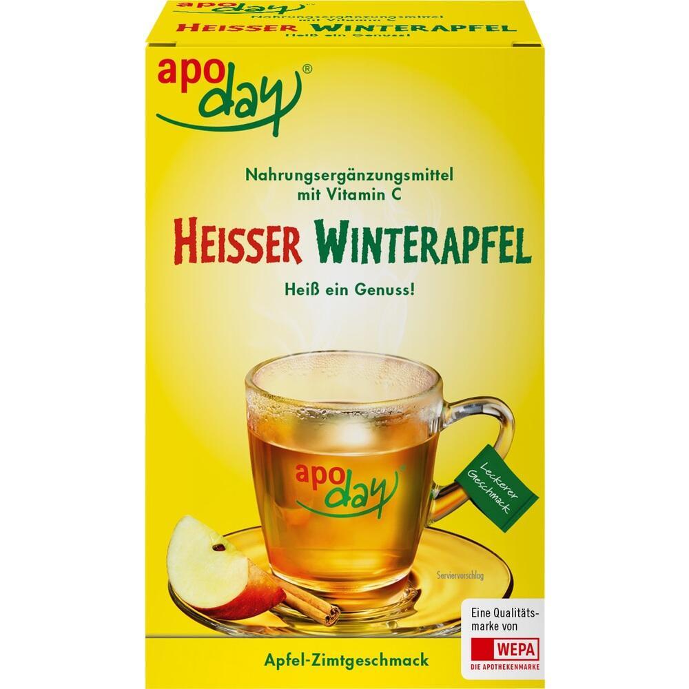 Eine gelbe Verpackung von "Heiße Winterapfel"-Getränk mit Apfel-Zimt-Geschmack.